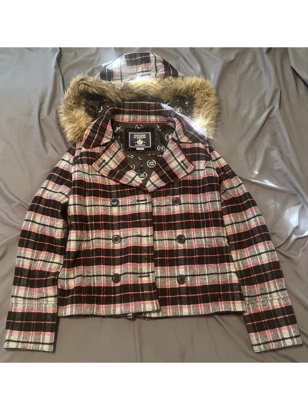 Victoria's Secret PINK wool blend plaid peacoat with a faux fur hood - Small !!!